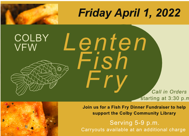 Fish Fry for the library at the VFW on Friday, April 1st, 2022